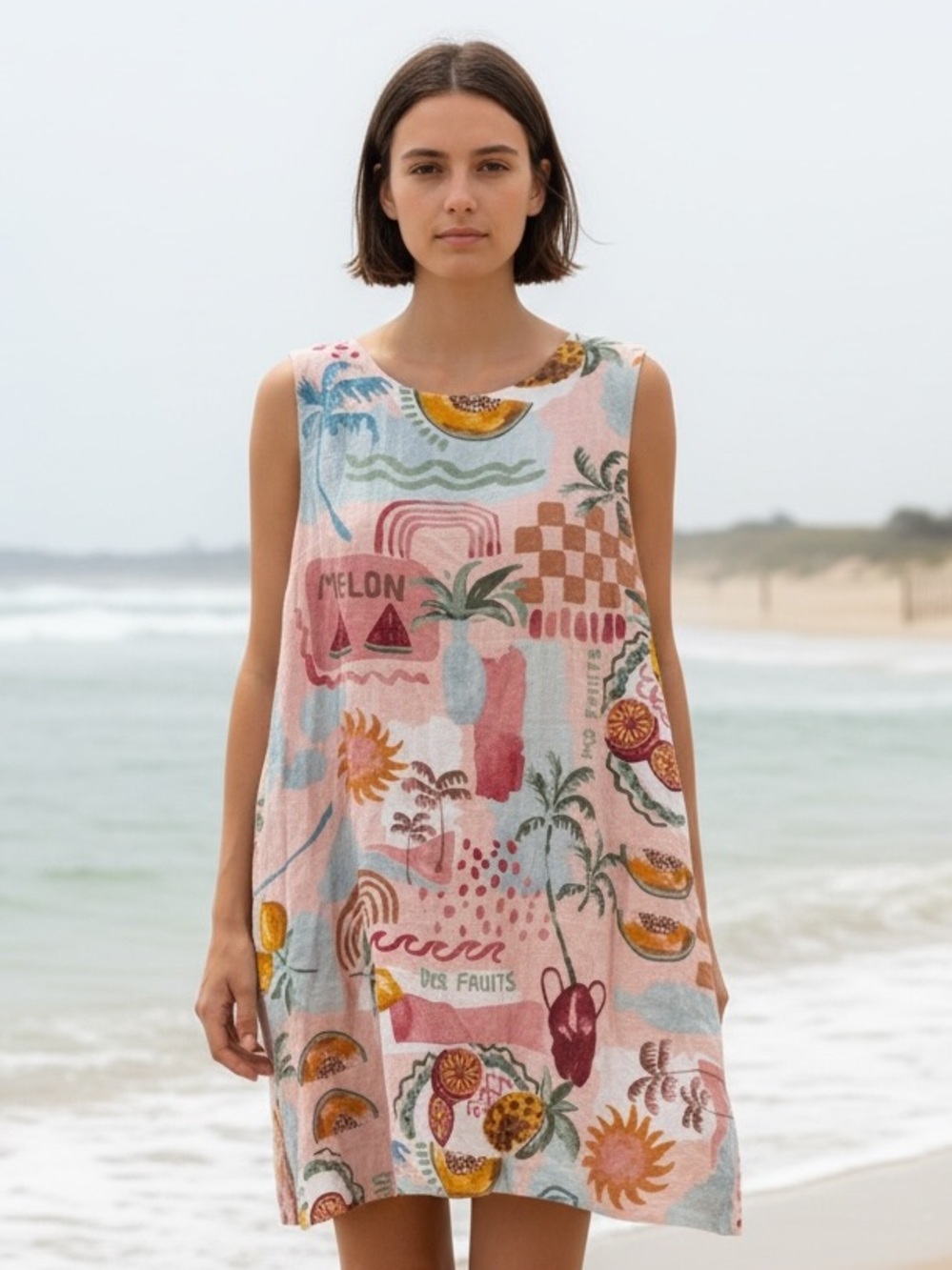 Paper Heart Linen Blend Mini Dress M/L Pink Tropical Fruit Beachy Coastal Resort